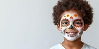 Young African American child with curly afro hair wearing traditional Day of the Dead sugar skull face paint in white, orange and black against light background.