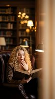 Surprised blonde woman with curly hair reading book in leather armchair at cozy library with warm lighting and bookshelves in background.
