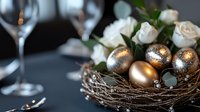 Elegant Easter nest with golden eggs and white roses on dark background, wine glasses and silverware create luxurious holiday table setting.