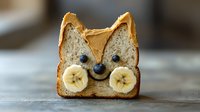 Playful sandwich shaped like cat face with peanut butter, banana slices for eyes, and blueberries for nose on rustic wooden surface. Creative food art for children.