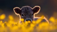 Young black calf peeking through bright yellow wildflowers at sunset, backlit ears glowing, creating magical farm atmosphere with bokeh effect in background.