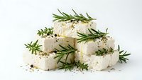 Stacked white cheese cubes with fresh rosemary sprigs and scattered peppercorns on white background, isolated for food packaging and culinary design use.