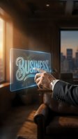 Businessman touching holographic business interface in modern office with city skyline view during golden hour for corporate technology presentations.