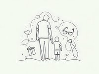 Father and child walking together with dog in minimalist line art style on beige background. Family bonding moment with playful elements and hearts.