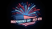 Patriotic fireworks display with American flag design celebrating Independence Day July 4th holiday with red white blue colors on dark background.