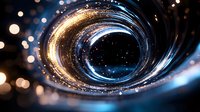 Swirling cosmic vortex with glowing golden and blue light trails against dark space background, sparkling bokeh effects create magical celestial atmosphere.