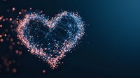 Glowing heart shape formed by connected dots and lines with pink and blue particles floating on dark background, network visualization concept.