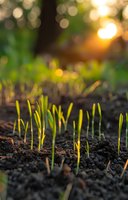 Young green seedlings sprouting from rich soil at sunset with golden bokeh background, symbolizing growth, renewal, and agricultural beginnings.