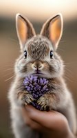 Cute rabbit with gray and white fur holding purple flowers in its paws, front view portrait with blurred background, suitable for greeting cards and children's illustrations.
