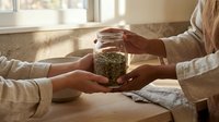 Young woman sharing herbal tea in glass jar with friend during cozy morning conversation at home kitchen table with natural sunlight streaming through window.