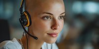 Young bald woman with headset working as customer service representative in call center, focused on providing professional support.