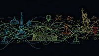 Global travel destinations line art with famous landmarks including Eiffel Tower, Statue of Liberty, Colosseum connected by flowing waves on dark background.