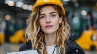 Young blonde Caucasian female construction worker wearing yellow hard hat and black jacket at industrial site with blurred machinery background for safety campaigns.