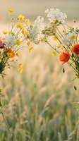 Wildflower arch with red poppies, yellow buttercups, and white Queen Annes lace blooming over a soft golden meadow in warm summer light.