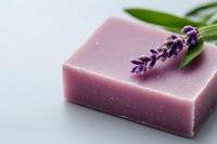 Handmade purple lavender soap bar with fresh aromatic flower and green leaves on light background. Natural organic skincare and aromatherapy concept.