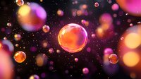 Magical glowing soap bubbles floating in dark space with colorful bokeh lights and sparkles creating dreamy cosmic atmosphere. Suitable for fantasy backgrounds.