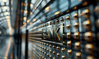 Metallic bank sign with riveted pattern creating dramatic perspective, illuminated by ambient lighting. Modern financial institution entrance detail.