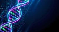 Glowing DNA double helix structure with neon colors on dark blue background for biotechnology and genetic research presentations.