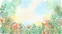 Soft watercolor botanical background with tropical leaves and flowers in pastel green, pink, and yellow tones, copy space for text.