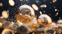 Splashing golden liquid with bubbles and coins in dynamic motion against dark background, creating luxurious effect with droplets and light reflections.