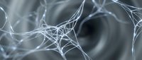 Glowing neural network with interconnected white fibers on a dark blurred background, representing neuroscience, AI, and data connectivity concepts.
