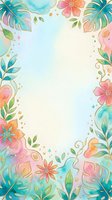 Watercolor tropical floral frame with pastel pink, teal, and orange flowers, monstera leaves, and gold accents, with copy space center.