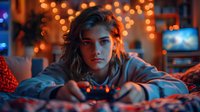 Young woman playing video games at night, illuminated by warm string lights and neon glow. Atmospheric gaming setup with cozy blankets and modern entertainment system creates moody lifestyle scene.