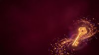 A glowing golden key with sparkling particles and light trails on a deep burgundy background, symbolizing solutions, access, and unlocking potential for business and technology designs.