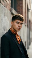 Young Hispanic man in black suit with orange silk scarf posing confidently against urban brick wall background in natural sunlight for fashion portrait.