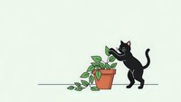 Black cat playing with potted plant leaves on neutral background for pet care and home decor designs.