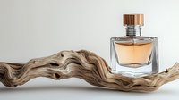 Elegant perfume bottle with wooden cap on natural driftwood against neutral background, showcasing luxury fragrance product for beauty advertising.