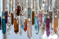 Colorful crystal pendants and healing stones hanging on chains, featuring amethyst, quartz, topaz and other minerals in pointed shapes against light background.