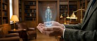 Business professional hologram projection in hands showing futuristic technology concept for corporate presentations and digital transformation solutions.