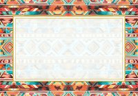 Colorful tribal geometric border frame with turquoise, orange, and red patterns surrounding white center space. Ideal for invitations, certificates, and design templates.