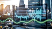 Financial data visualization with stock market graph overlay on urban cityscape background at sunset, showing economic trends and business analytics.