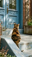 Tabby cat sitting on steps by vintage blue door of brick house, peaceful residential scene with natural lighting and charming architecture details.