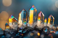 Rainbow titanium aura quartz crystal cluster with iridescent metallic coating reflecting prismatic colors in dramatic lighting for healing and meditation.