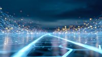 Futuristic digital network with glowing blue light trails and particles floating in dark space, creating dynamic perspective grid for technology concept.