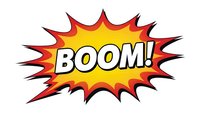 Comic book explosion burst with BOOM text in bold letters on yellow and red starburst background isolated on white for graphic design projects.