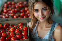 Young Caucasian woman in denim overalls smiling near wooden crates filled with fresh ripe red tomatoes on vine at local farmers market or greenhouse.