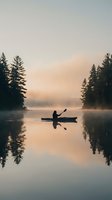 Silhouette of kayaker paddling on calm misty lake at dawn with evergreen forest reflection and soft golden sky for outdoor adventure concepts.