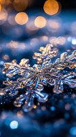 Macro shot of natural snowflake crystal with golden bokeh lights on blue background. Delicate frozen water structure captures winter magic and seasonal atmosphere.