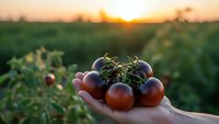 Fresh ripe tomatoes held in cupped hands at sunset in organic farm field. Harvest time concept for healthy eating and sustainable agriculture.