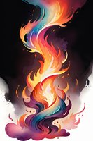 Vibrant abstract flame artwork featuring swirling orange, purple, and turquoise fire elements against dark background, creating dynamic movement and ethereal energy.