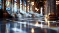 Mystical rays of light stream through stained glass windows in gothic cathedral, creating dramatic reflections on wet marble floor amid ethereal mist and arched columns.