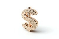 Glittering rose gold dollar sign pendant with textured sparkly surface isolated on white background, luxury jewelry accessory for fashion design.
