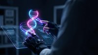 Scientist analyzing glowing DNA double helix hologram on futuristic digital interface for genetic research and biotechnology innovation.