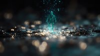 Magical turquoise light burst emerging from dark surface with golden bokeh effect creates mystical atmosphere. Defocused glowing particles add dreamy ethereal mood.
