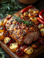 Glazed roasted pork loin with herbs and roasted vegetables on wooden cutting board. Holiday dinner main course with potatoes, peppers and rosemary garnish.