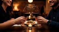Young couple toasting with red wine glasses at romantic dinner date in cozy restaurant with warm candlelight and delicious food creating intimate atmosphere.